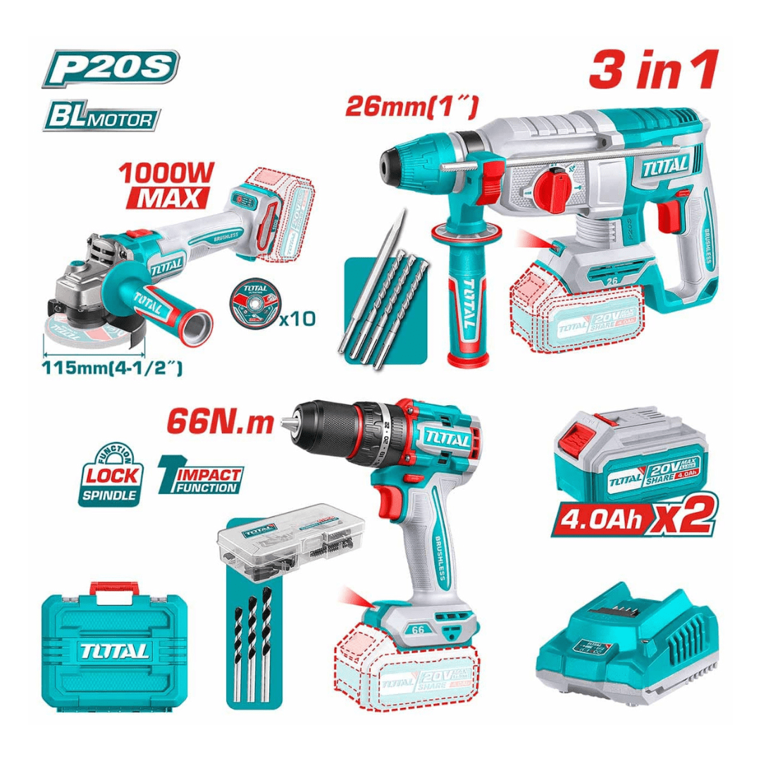 Pack outils sans fil TOTAL 20V 4Ah – Perceuse, Meuleuse, Perforateur-min