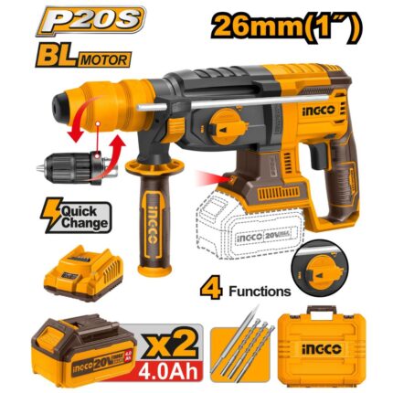 Marteau perforateur26mm20V+2Batt 4Ah mandrin sans clé INGCO