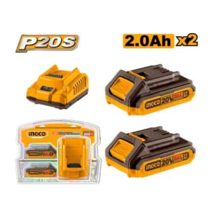 Pack 2 Batteries 20V 2Ah + 1 chargeur rapide INGCO